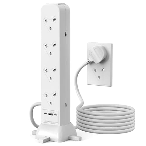 Tower Extension Lead 2m, 8 Way Socket Surge Protector with USC Ports Power Strip Multi Plug 3120W Safety Shutter for TV PC Laptops Tablets