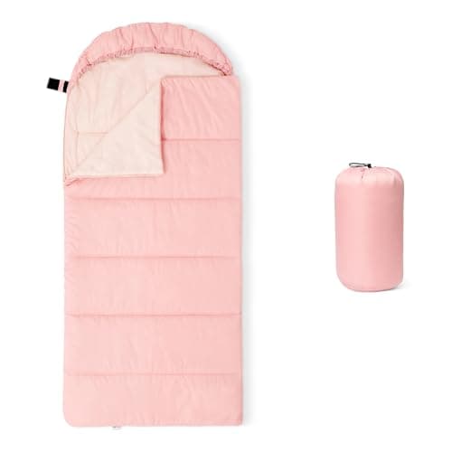 Amazon Basics Kids Sleeping Bag for Camping, 10°C Rated, Machine Washable, Hood, Compression Sack, Pink, 168 x 74 cm