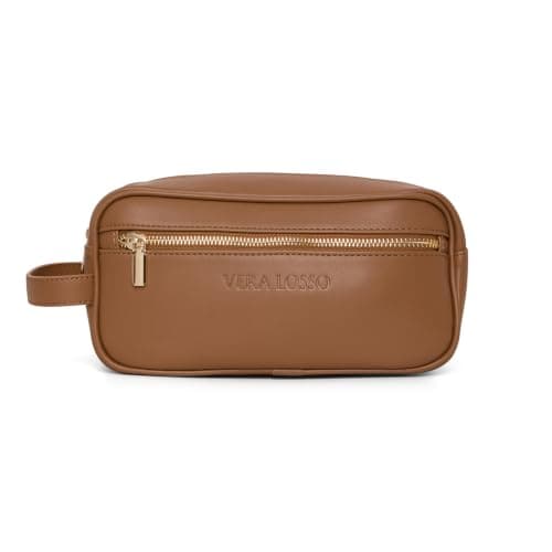 Toiletry Bag Vera Losso Premium Luxury Vegan Leather Wash Bag, Travel Toiletry Organiser with Rose Gold Hardware, Brown, 24 x 12 x 11 cm