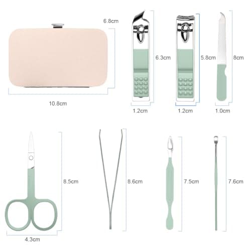 URAQT Professional Manicure Set, 7 pcs Portable Nail Clippers & Eyebrow Grooming Kit, Stainless Steel Nail Care Tools with Luxurious Leather Case for Travel & Home（Green） — view 2