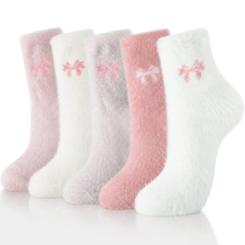 Pragma 5 Pairs Fluffy Socks Womens, Pink Bow Fuzzy Socks, Pastel Thermal Bed Socks for Women, Soft Plush Winter Sleep Slipper Socks, Cute Cozy Home Loungewear Gift for Girls Ladies Birthday Christmas