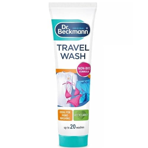 Dr Beckmann Travel Wash Gel Non Bio 100ml Compact Laundry Detergent for Hand Washing Clothes While Travelling Gentle on Fabrics and Skin Ideal for Holidays Business Trips and Camping