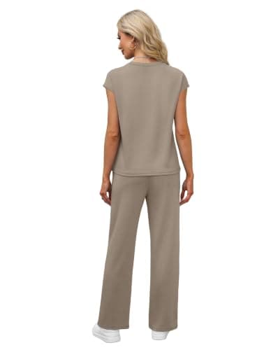 WIHOLL 2 Piece outfits Women fashion lounge wear sets for women uk Casual Summer Travel Vacation Outfits Cap Sleeve Wide Pants Coffee M — view 5