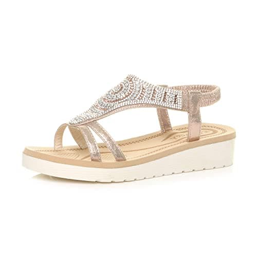 Ajvani Womens Ladies Low Wedge Heel Flatform Diamante t-bar Slingback Sandals - Rose Gold - 7 UK