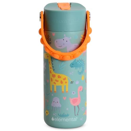 Elemental Insulated Kids Water Bottle, Stainless Steel Water Bottle with Straw Lid & Pop-It Handle, Leak-Proof Water Bottles for School, Boys or Girls, Travelling and Sports, 530ml - Safari