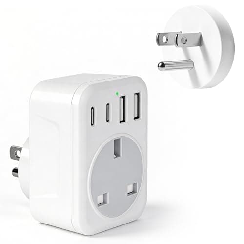 UK to US Plug Adaptor,UK to USA & Worldwide Travel Adaptor, 5-in-1 US Plug Adapter with 3 USB and 1 USB-C Port (17W Fast Charger), for USA, Canada, Thailand, Mexico, Colombia – Type B