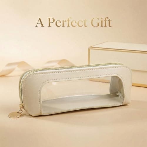 Elegant Beige Clear Makeup Bag with Transparent Window - Premium PU Leather Small Cosmetic Pouch for Travel, Office, and Daily Essentials Organisation, Rectangular Case with Gold Zipper and Rounded — view 5