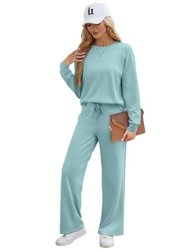 Saloogoe Lounge Sets for Women 2 Piece Sweatsuits Travel Outfits Fall Crewneck Sweatshirts Wide Leg Sweatpants Matching Sets, F-teal, M — view 4
