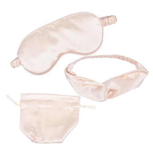 BIUDECO Silk Eye Mask Set with Blindfold, Hairband and Bag, Relieving Stress and Relaxing Muscles, for Travel and Sleep, Beige 3pcs Kit and Dry Eyes