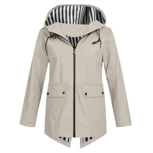 women's jackets Waterproof Jacket for Women Lightweight Windbreak Hooded Rain Coat UK Loose Casual Long Sleeve Water-resistant Raincoat Ladies Autumn Outdoor Hiking Wear Outfits Beige M