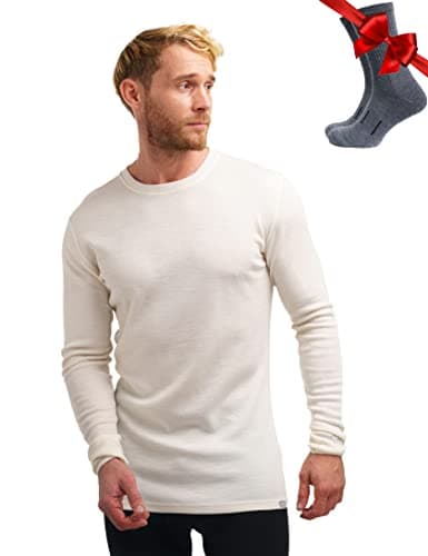 100% Merino Wool Base Layer Men - Long Sleeve Thermal Shirt + Hiking Socks (Large, 250 Natural Merinos)