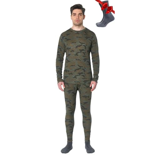 100% Merino Wool Base Layer Men Set - Thermal Underwear Mens + Hiking Socks (X-Large, 250 Camo)
