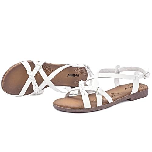 Veittes Women's Dressy Casual Strappy Flat Slide Sandals,White 10 — view 4