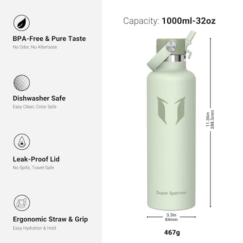 Sparrow Insulated Water Bottle 1L FlipFlow Metal Drinks Bottle with Straw — view 3