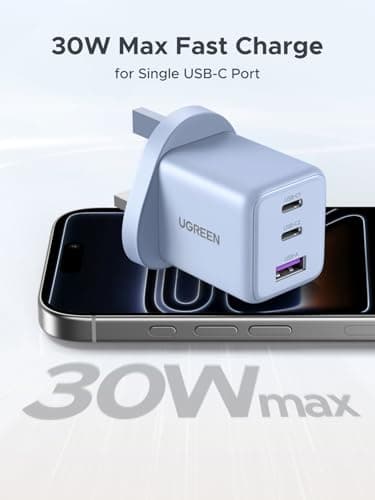 UGREEN USB C Charger Plug, 30W 3-Port USB Fast Charger Power Adapter, Blue — view 2