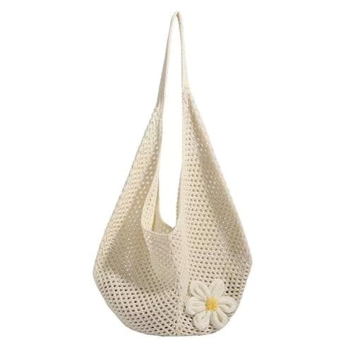ZAUXVAI Crochet Mesh Tote Bag, Knitted Flower Shoulder Bag, Openwork Breathable Beach Tote Bag, Boho Woven Mesh Shopping Bag, Large Capacity Summer Casual Bag for Women