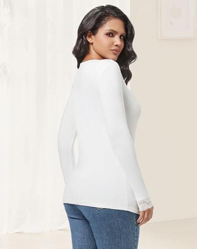 MOSCOAL Fleece Lined Thermal Tops for Women Long Sleeve Lace Trim Base Layer V Neck Shirt, White, M — view 3
