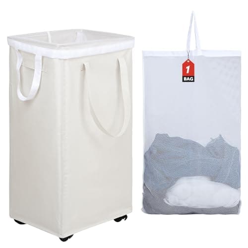 DOKEHOM 90L X-Large Rolling Laundry Basket Hamper on Wheels, Beige