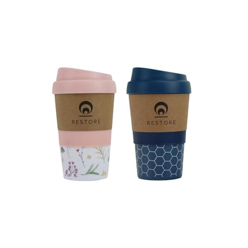 Restore Coffee Cup Travel Mug, Renew 320ml Multi Coloured Pack Reuseable Polypropylene Silicone Grip Leakproof BPA Free Beverage Cup, Fits Standard Cup Holders (2 Mixed Pack Navy & Pink)