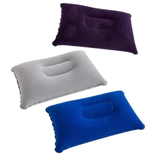 UEKPDM 3 Pack Inflatable Camping Pillows, Water-Resistant Compressible Travel Pillows, Lightweight Foldable Blow Up Pillow for Neck Support, Grey, Purple Blue & Royal Blue
