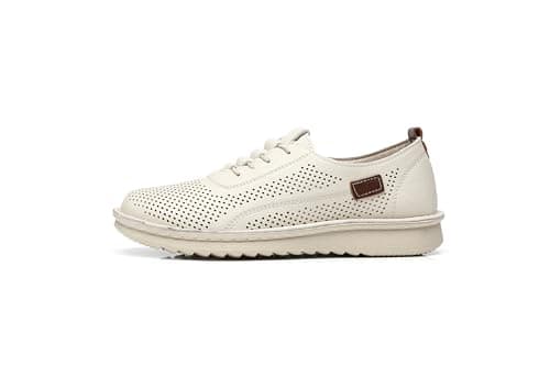 IVACHY Women's Comfort Walking Trainers, Breathable Perforated, Flat Platform Casual Work Shoes Beige — view 3