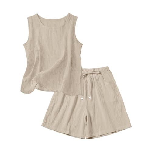 EMUKFD Holiday Co Ord Sets for Women Cotton Linen Sleeveless Vest Tops Wide Leg Shorts 2 Piece Loungewear Beach Travel Airport Leisure Suits Holiday Clothes Festival Outfit Homewear Pyjamas Set — view 3