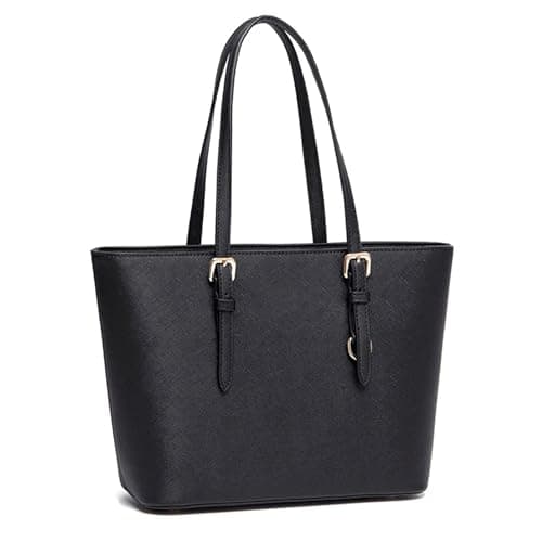 AOSSTA Women's Large Faux Leather Shoulder Tote Bag with Zip (BLACK)