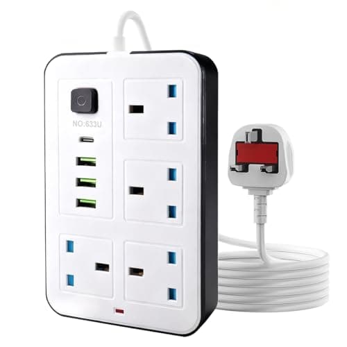 Maqash extension lead with usb slots 2500W -2m long cable - copper clips - 13A 220V - multi usb plug Cord UK - power strip with USB Socket, 8 in 1 mobile charging USB C PD 5V/2.1A