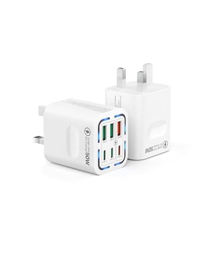 2 Pack USB C Plug UK 50W, Tupneuf 6 Port USB Charger with 30W PD/PPS & 20W QC, Multiport Fast Charger for iPhone 17 16 15 Pro Max, iPad Pro Air, Samsung Galaxy S25 S24 S23, White Set
