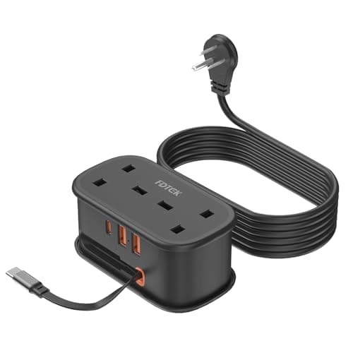 UK to US Plug Adapter with 1.5M Extension Cable, FDTEK 2 Way Travel Extension Lead with 3 USB Slots & Retractable USB C Cable, Type B Travel Adapter for American, Thailand, Canada, Mexico