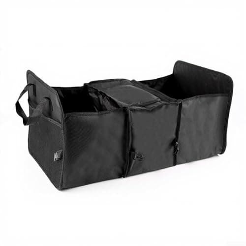 YJDOORPLAY Foldable Car Trunk Storage Bag with Insulated Cooler Pocket, Heavy Duty Oxford Cloth Organizer Box, Multi-Compartment Luggage Tidy for Travel, Red(black)