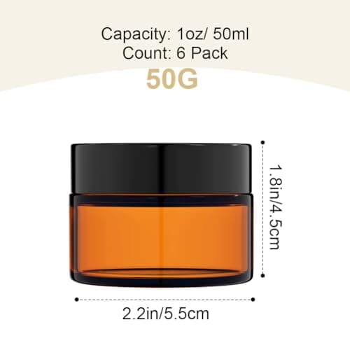 HOTUT 50ml Amber Glass Jars, 6 Pack Empty Cosmetic Jars with Lids and Inner Liners, Brown Travel Cosmetic Containers, Empty Glass Pots for Toiletries, Cosmetics, Powder, Lotion, Creams, Travel Use — view 2
