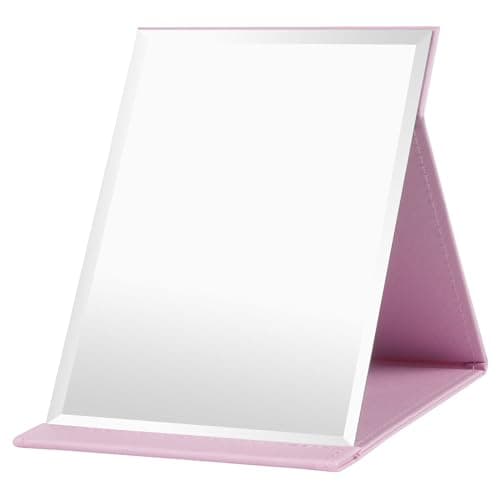 OSDUE Folding Tabletop Mirror, 26 * 18cm Pink PU Leather Portable Travel and Desktop Vanity Mirror with Stand for Office Desk, Vanity Table, Camping