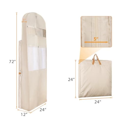 Syeeiex Wedding Dress Bag, Carry On Garment Bag Dress Cover 72 Inch Dress Carrier with Large Pockets & PVC Transparent Window, Breathable Dress Carriers for Women Travel for Wedding and Feast, Cream — view 2