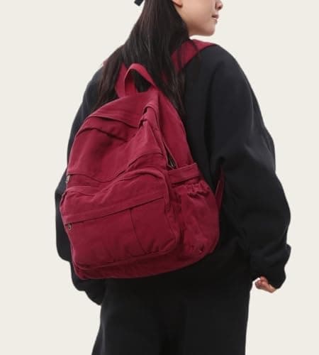 GAMLFL Canvas Backpack for Women Retro Aesthetic Rucksack Basic Backpack for High School/College Students Travel Laptop Bag, Burgundy Red, M, Travel Backpacks — view 4