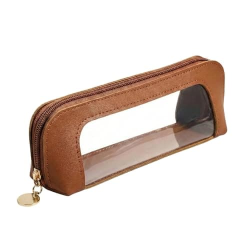 Brown Leather Makeup Bag with Clear Window - Small Cosmetic Case for Travel, Organizes Brushes, Pens & Beauty Tools in Compact Pouch, Textured Faux Leather, Gold Zipper, Rounded Ends, Portable Storage