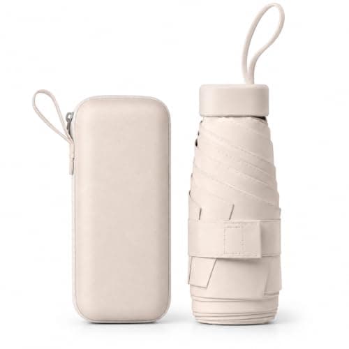WHJYCC Mini Travel Umbrella, UPF 50+, 6-Rib, Beige, with Zip Case