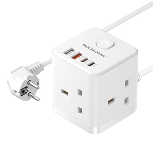 UK to European Plug Adapter with 1.5m Cable, PD20W USB-C, Type E/F