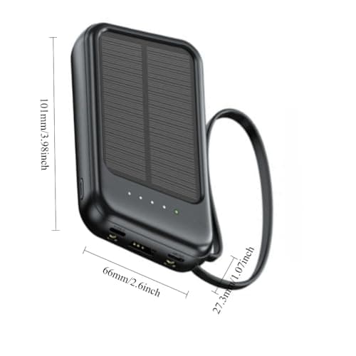 Solar Power Bank 10000mAh, Portable Charger with Built-in Cables, USB-C, Micro USB, and Lightning Compatible, Black — view 2