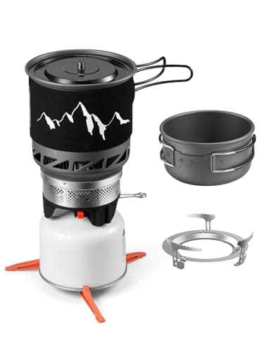 Odoland Backpacking and Camping Stove Cooking System, 7-In-1 Energy Saving Cooking Stove Set, Lightweight Camp Pot with Burner for Hiking, Trekking, Fishing and Backpacking