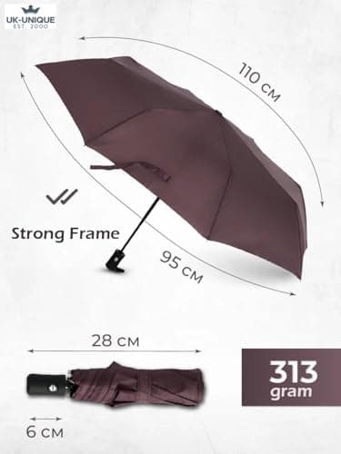 UK-UNIQUE Windproof Travel Umbrella - Compact, Light, Automatic, Strong and Portable - Wind Resistant, Small Folding Backpack Umbrella for Rain - Men and Women (Brown) — view 2