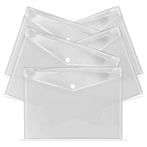G4GADGET A4 Clear Plastic Wallets – Pack of 5, Popper Document Folders with Label Pocket & Snap Button – Multicolored Plastic Envelope for Home, Office, School & Travel