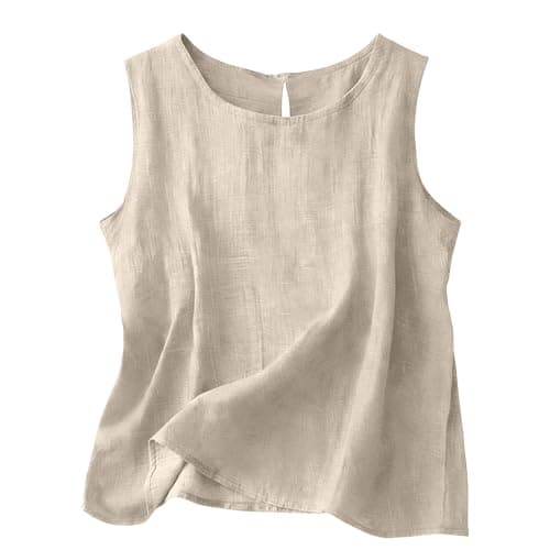 Beige 2 Piece Outfits Women Cotton Linen Loungewear Sets Sleeveless Top and Wide Leg Elastic Waist Pants with Buttons Solid Colour Ladies Versatile Co Ord Sets Vacation Airport Travel Wear Size 12 — view 5
