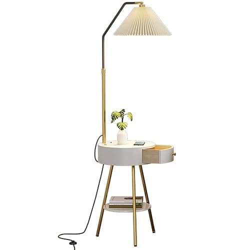 QWPYDXN Task Lighting Nordic Style Floor Lamp, Reading Lamp with Drawer USB Wireless Charging, Bedroom Bedside Standing Lamp with Storage Shelf Tall Pole Lamp