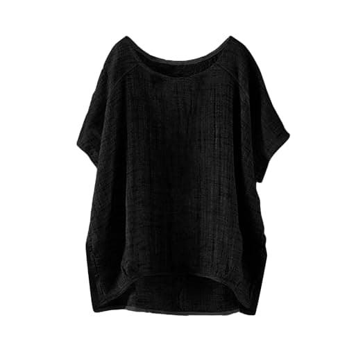 Women's Linen Blouse Summer Muslin Short Sleeve Shirt Crew Neck Basic Tops Elegant Cotton Linen Tops Plain Summer Vacation Beach Travel Blouse Light and Airy Sport Yoga Blouses & Tunics for Women — view 4