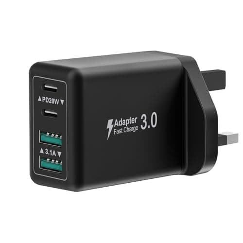 USB C Plug, 40W 4-Port Multi USBC Plugs Fast Charge UK Dual PD Power Adapter +QC Multiport Wall Charger Head Mains Type C Fast Charging Plug for iPhone 17 16 15 14 13 12 11 Pro Max Plus, Samsung, iPad