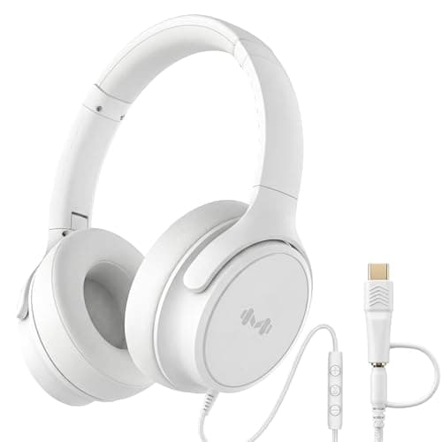 Zollexa Wired Over-Ear Headphones, Mic, 3.5mm Plug, USB-C Adapter, White