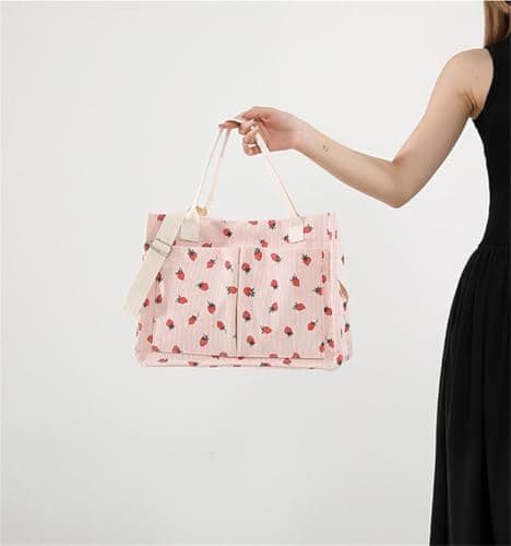 OrcoW Women's Canvas Tote Bags Strawberry Handbag with Removable Strap Large Crossbody Shoulder Laptop Purses Tote Bag Large Corduroy Canvas Cross body Bag for School Shopping Work Travel Gym — view 2
