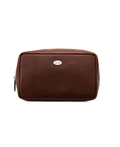 Men's Genuine 100% Leather Toiletry Bag, Plain Chocolate Brown