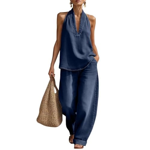 Travel Outfit Airport Set Women Airport Two Piece Outfit Women Uk Denim Co Ord Sets Sleeveless Short Sleeve Blouses Wide Leg Jeans Casual Ladies Travel Suits Womens Summer Cotton Lounge Wear — view 4